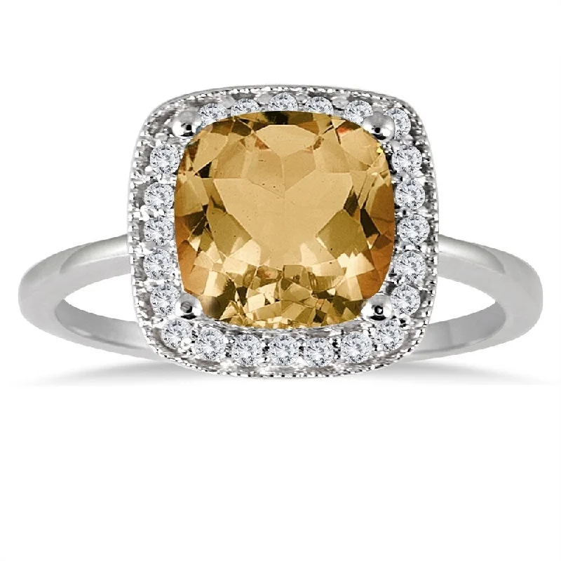 Gold gemstone rings adding sunny finger shine -1 1/4 Carat Cushion Cut Citrine and Diamond Ring in 14K White Gold