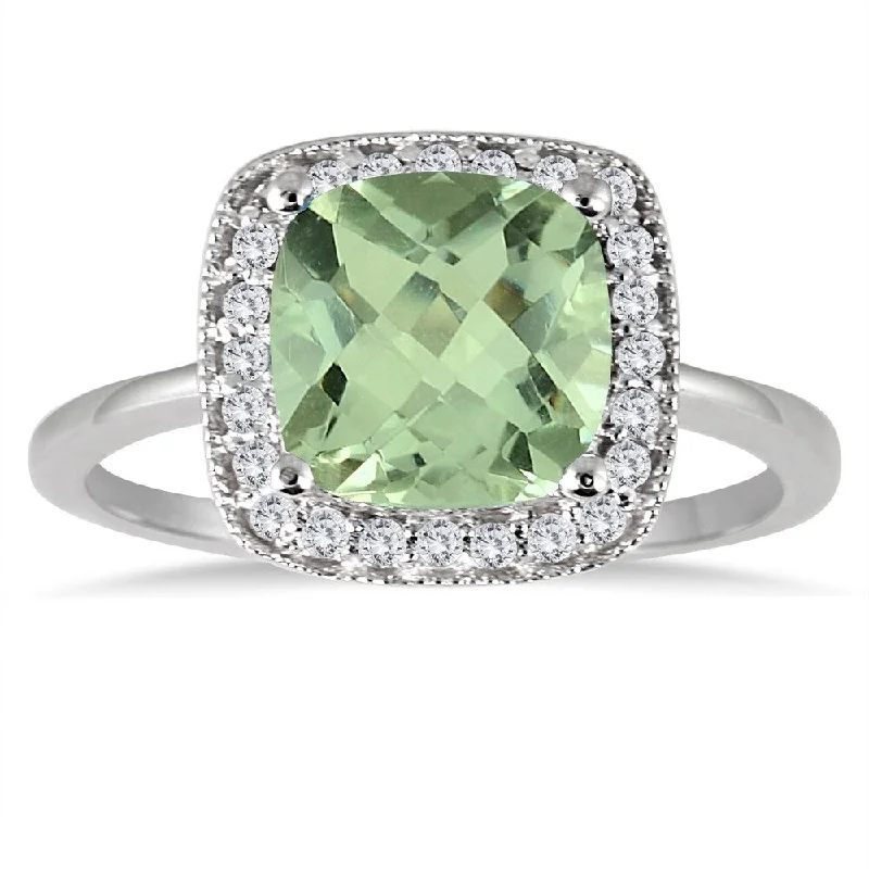 Curved gemstone rings perfect for band pairing -1.30 Carat Cushion Cut Green Amethyst and Diamond Ring in 14K White Gold