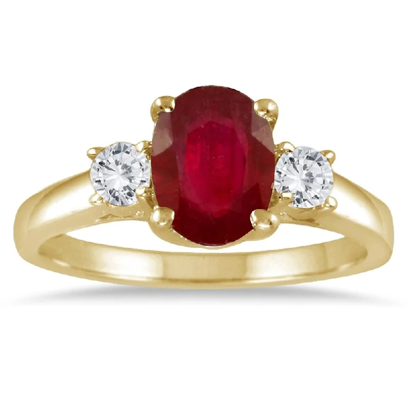 Quirky gemstone rings with offbeat stone flair -1.35 Carat Ruby and Diamond Three Stone Ring in 14K Yellow Gold