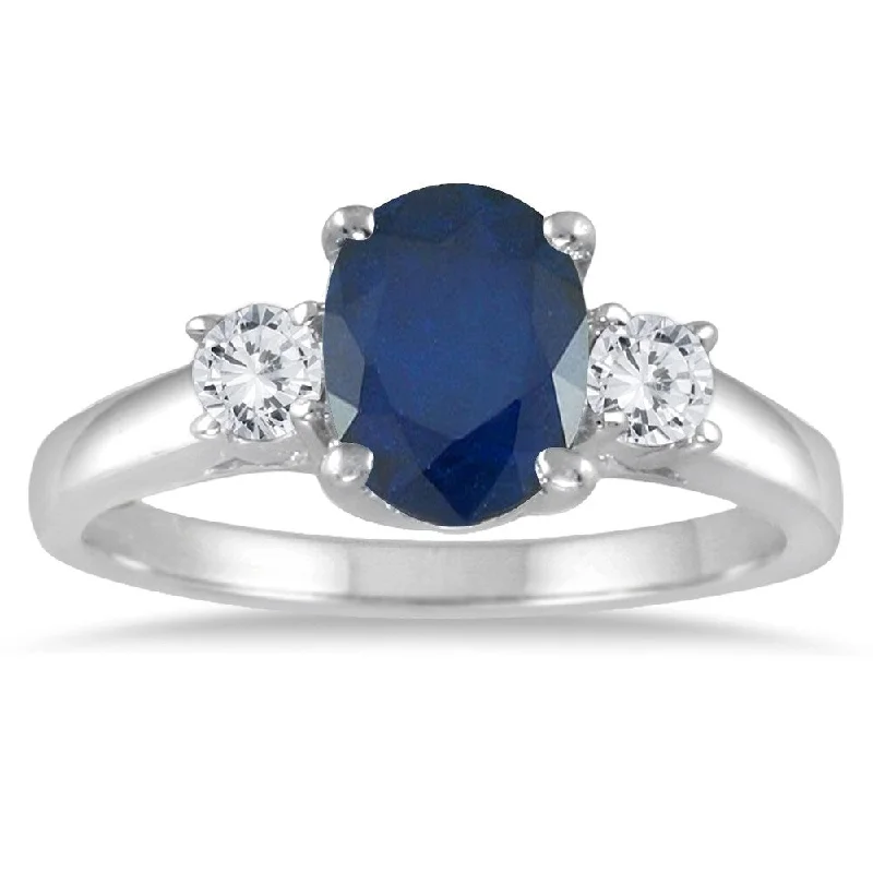 Gemstone rings featuring flexible bands for comfort -1.55 Carat Sapphire and Diamond Three Stone Ring in 14K White Gold