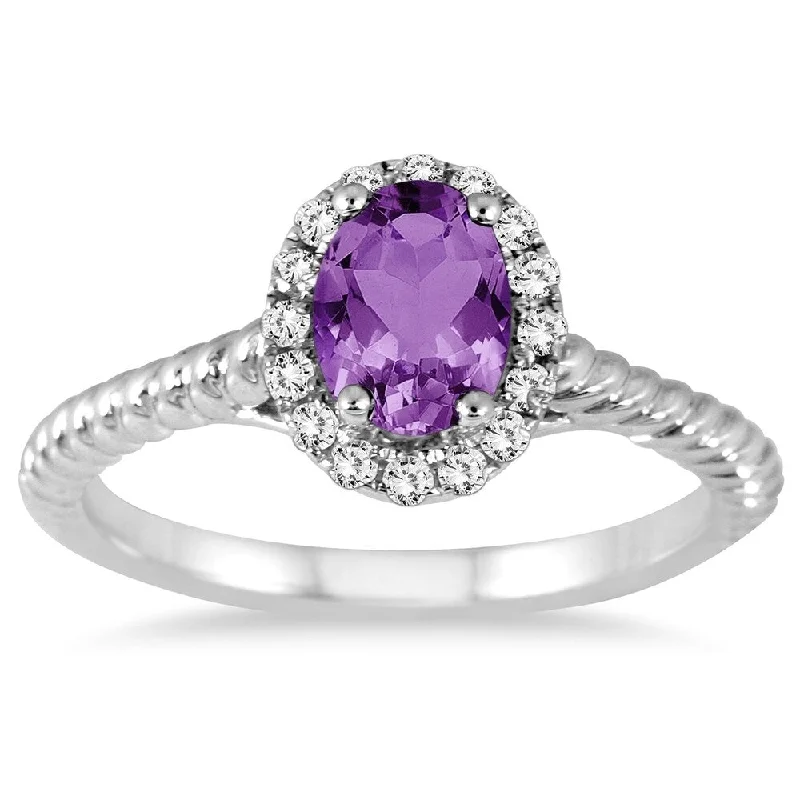 Gemstone rings featuring agate for banded stone beauty -1 Carat Amethyst and Diamond Halo Rope Ring in 10K White Gold