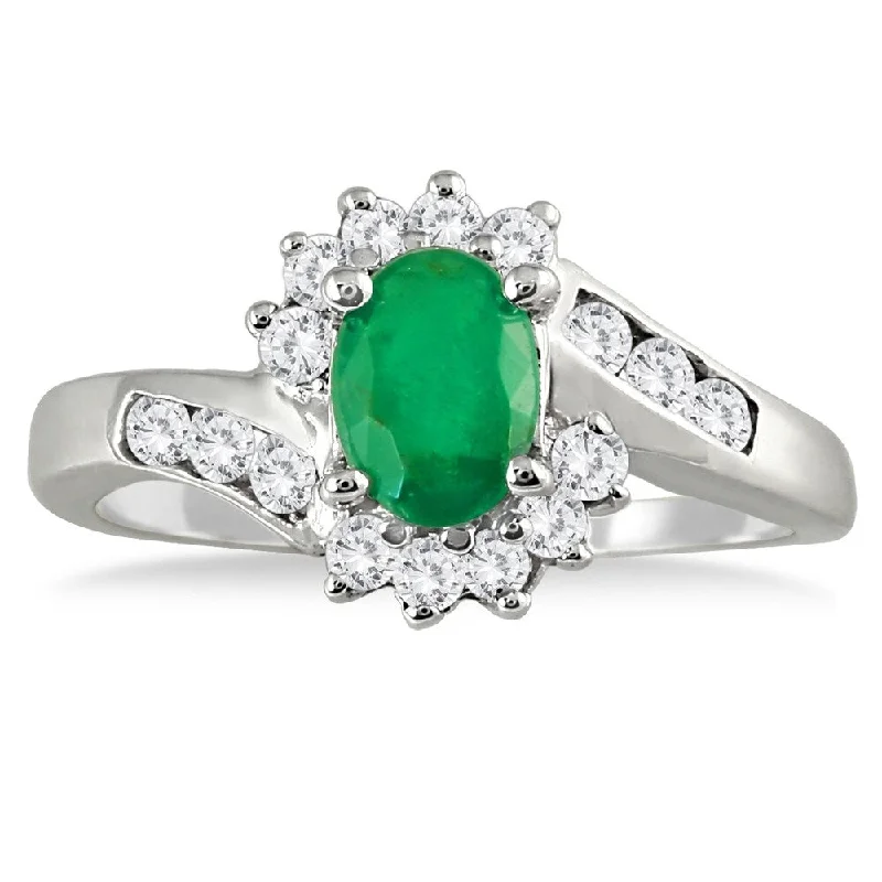 Gemstone rings inspired by stars with stone sparkle -1 Carat Emerald and Diamond Flower Twist Ring in 14K White Gold