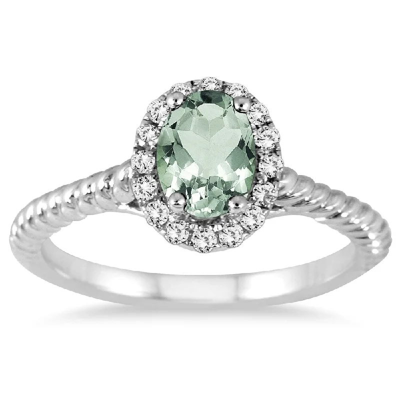 Gemstone rings featuring jade for green tranquility -1 Carat Green Amethyst and Diamond Halo Rope Ring in 10K White Gold