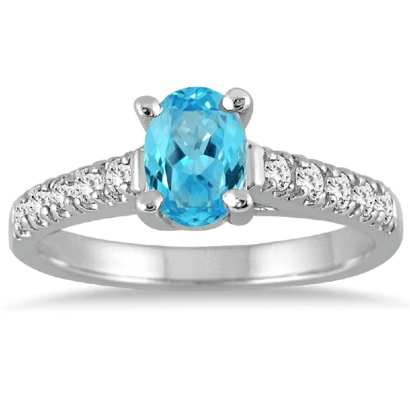 Birthstone gemstone rings with personal stone picks -1 Carat Oval Blue Topaz and Diamond Ring in 14K White Gold