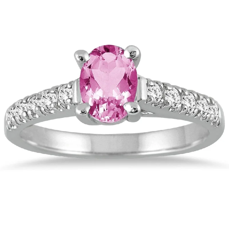 Birthstone gemstone rings with personal stone picks -1 Carat Oval Pink Topaz and Diamond Ring in 14K White Gold