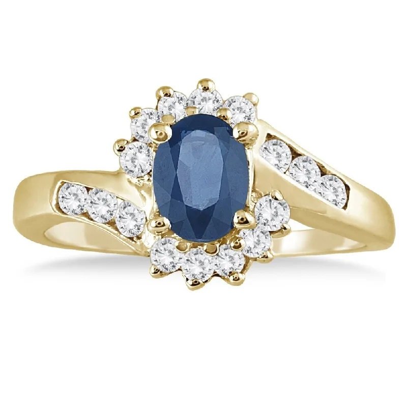 Matte gemstone rings with smooth stone finish -1 Carat Sapphire and Diamond Flower Twist Ring in 14K Yellow Gold