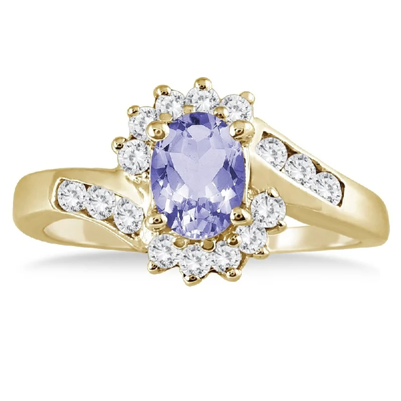 Vermeil gemstone rings with gold stone luxe -1 Carat Tanzanite and Diamond Flower Twist Ring in 14K Yellow Gold