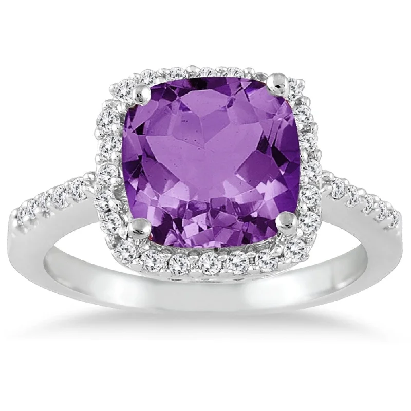 Gemstone rings featuring jade for green tranquility -2 1/2 Carat Cushion Cut Amethyst and Diamond Ring 14K White Gold