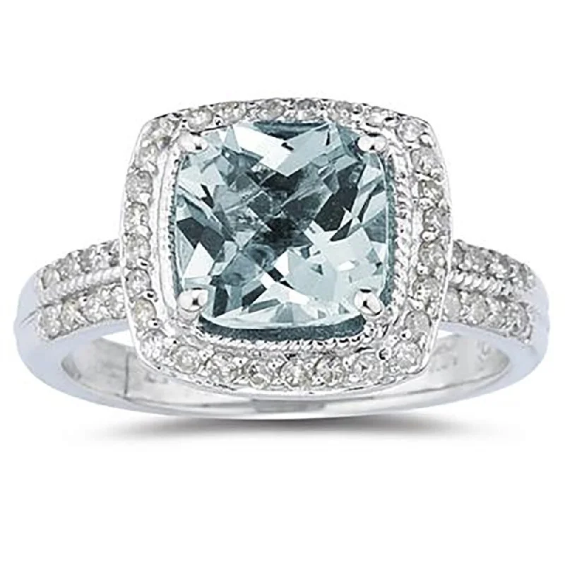 Glam gemstone rings perfect for evening sparkle -2 1/2 Carat Cushion Cut Aquamarine & Diamond Ring in 14K White Gold