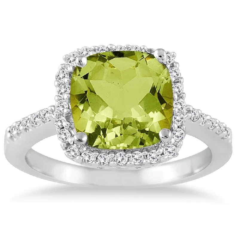 Dainty gemstone rings ideal for delicate finger style -2 1/2 Carat Cushion Cut Peridot and Diamond Ring 14K White Gold