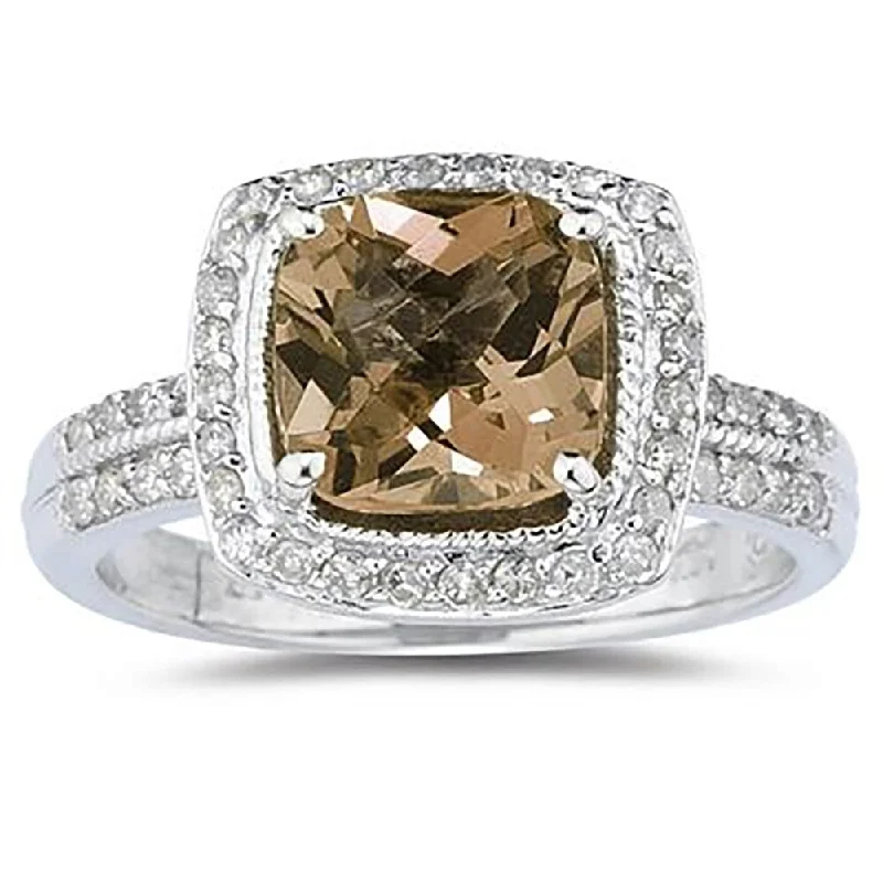 Gemstone rings perfect for gifting with stone shine -2 1/2 Carat Cushion Cut Smokey Quartz & Diamond Ring in 14K White Gold