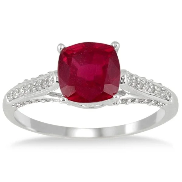 Gemstone rings with mixed stones for vibrancy -2.25 Carat Cushion Cut Ruby and Diamond Ring in 10K White Gold