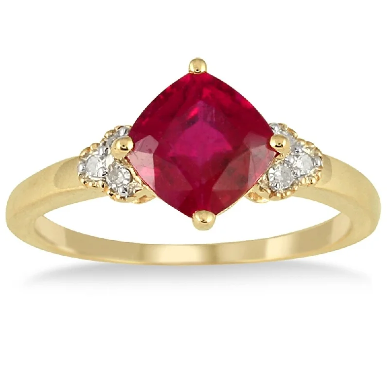 Thin gemstone rings for stackable finger looks -2.25 Carat Cushion Cut Ruby and Diamond Ring in 10K Yellow Gold