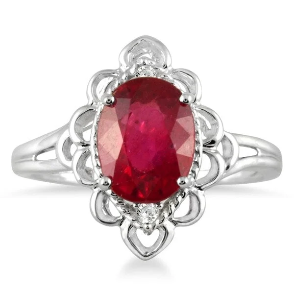 Quirky gemstone rings with offbeat stone flair -2.50 Carat Oval Ruby and Diamond Engraved Ring in 10K White Gold