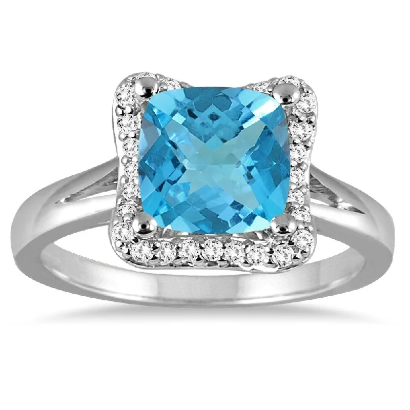 Sleek gemstone rings with floating stone settings -2 Carat Cushion Cut Blue Topaz and Diamond Ring in 14K White Gold