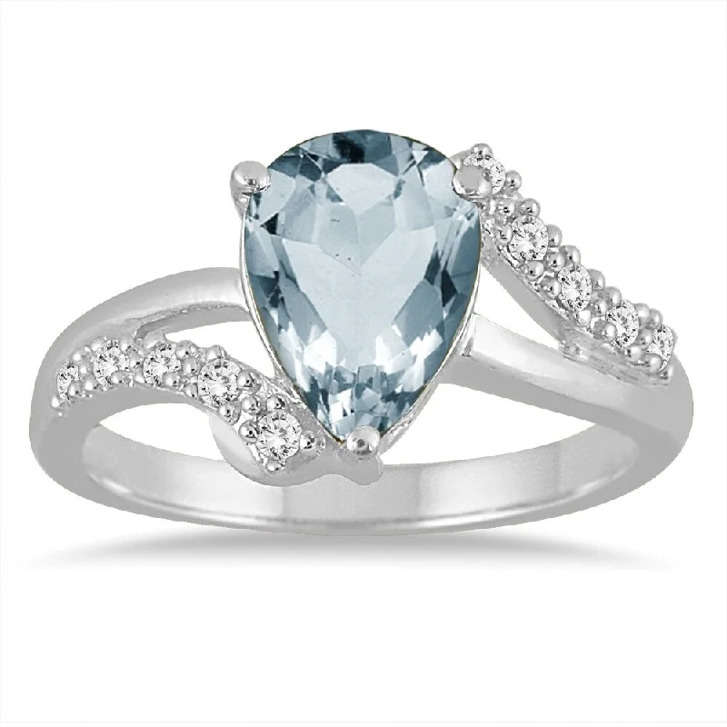 Twisted gemstone rings with artistic stone bands -2 Carat Pear Shape Aquamarine and Diamond Ring in 10K White Gold