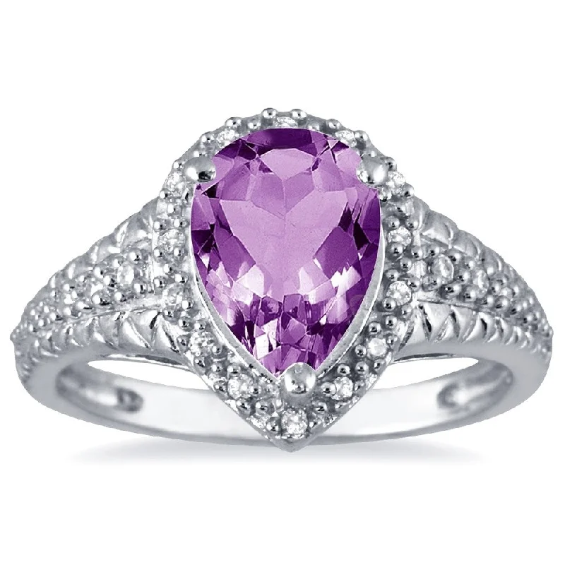 Gemstone rings featuring garnet for deep red beauty -2 Carat Pear Shaped Amethyst and Diamond Ring in 10K White Gold