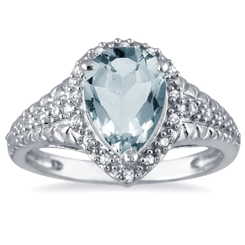 Dainty gemstone rings ideal for delicate finger style -2 Carat Pear Shaped Aquamarine and Diamond Ring in 10K White Gold