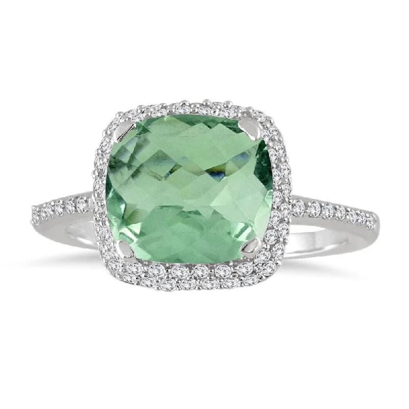 Gemstone rings featuring tourmaline for autumn hues -3 1/2 Carat Cushion Cut Green Amethyst and Diamond Halo Ring in 10K White Gold