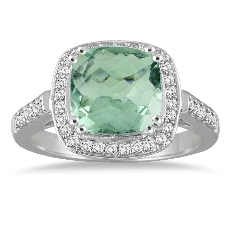 Gemstone rings perfect for gifting with stone shine -3 1/2 Carat Cushion Cut Green Amethyst and Diamond Ring in 14K White Gold