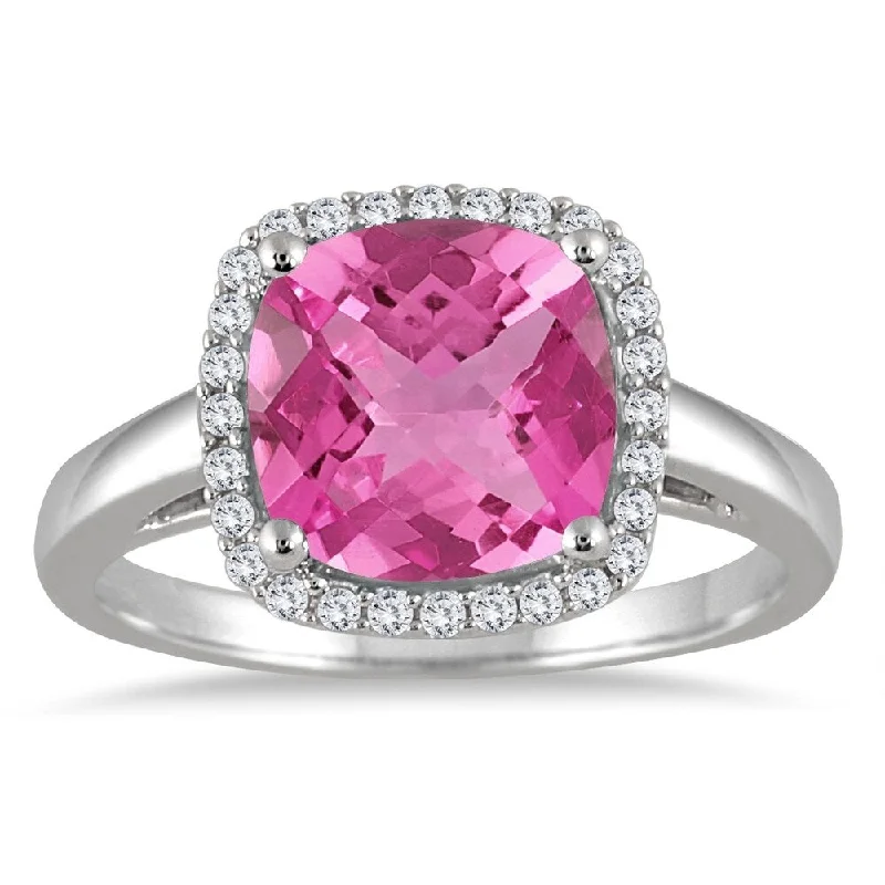 Gemstone rings featuring sapphire for deep blue luxe -3 1/2 Carat Cushion Cut Pink Topaz and Diamond Halo Ring in 10K White Gold