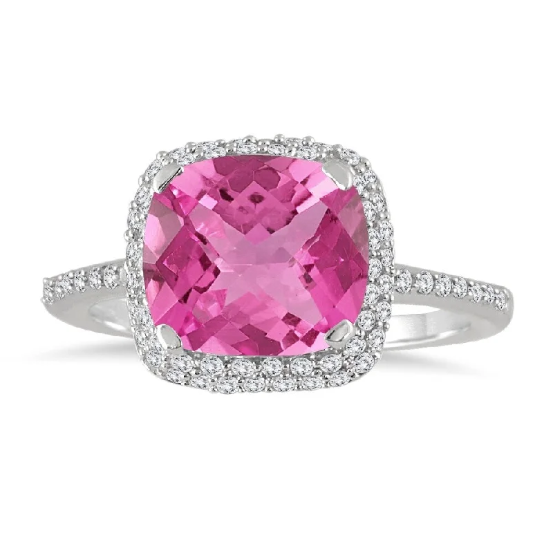 Geometric gemstone rings with sharp stone designs -3 1/2 Carat Cushion Cut Pink Topaz and Diamond Halo Ring in 10K White Gold