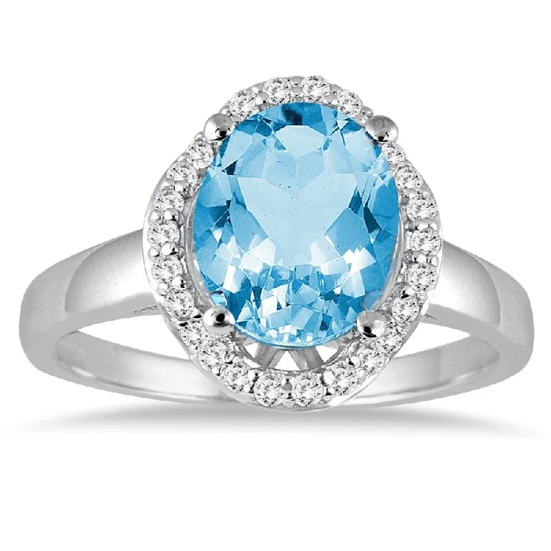 Stackable gemstone rings designed for finger layering -3 1/2 Carat Oval Blue Topaz and Diamond Ring in 14k White gold