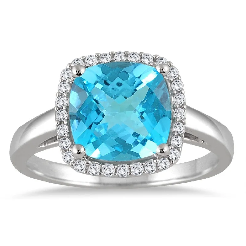 Gemstone rings perfect for teens with bold stones -3 1/4 Carat Cushion Cut Blue Topaz and Diamond Halo Ring in 10K White Gold