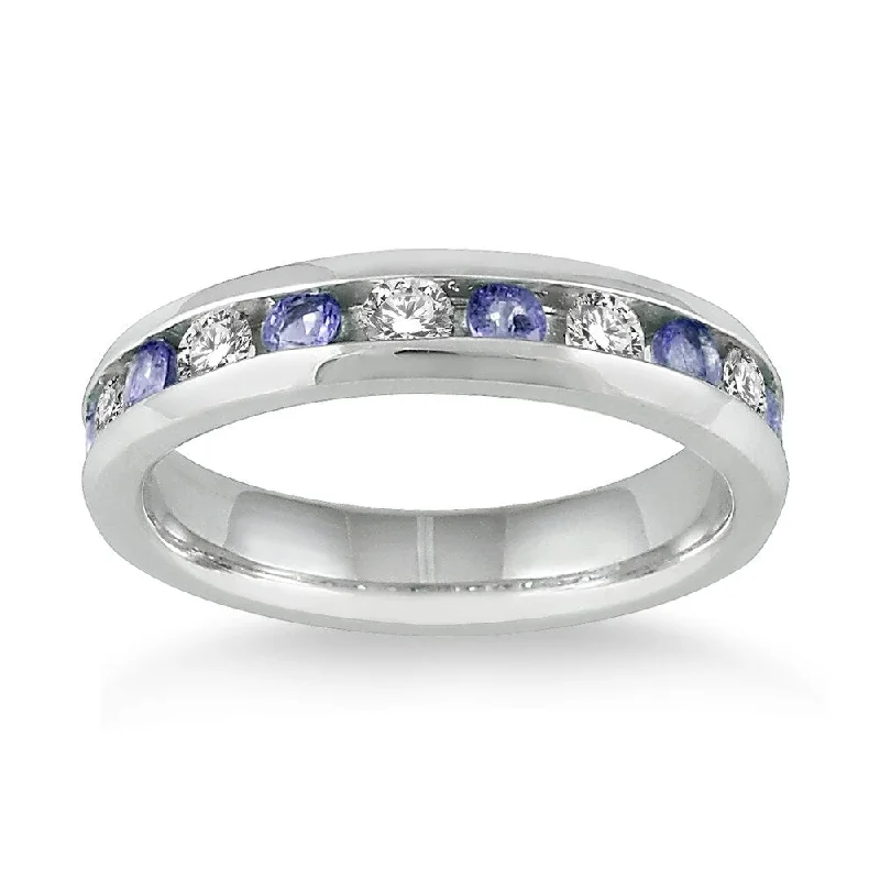 Gemstone rings perfect for kids with bright stones -3/4 Carat Tanzanite and Diamond Band in 14k White Gold