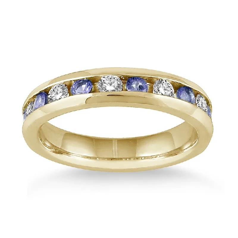 Sculpted gemstone rings with carved stone bands -3/4 Carat Tanzanite and Diamond Band in 14k Yellow Gold