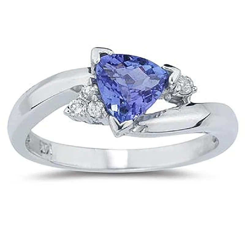 Etched gemstone rings with detailed stone flair -3/4 Carat Trillion Cut Tanzanite and Diamond Ring in 14K White Gold