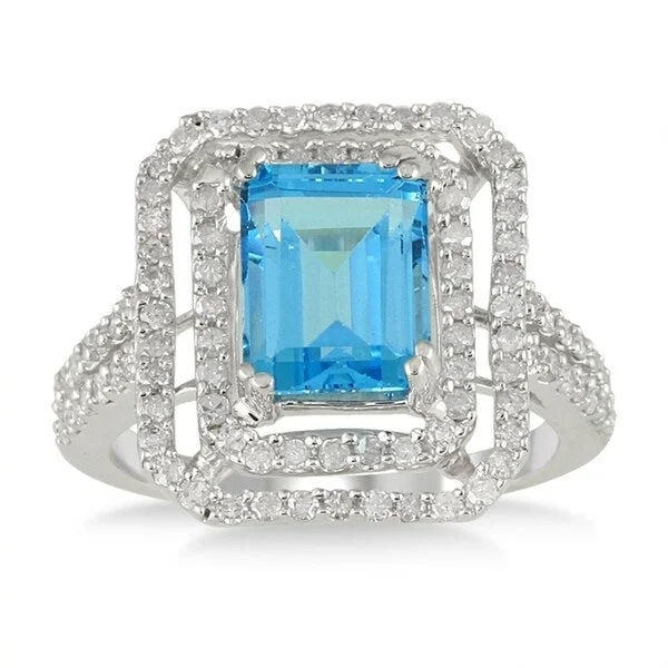 Gemstone rings featuring topaz for clear blue glow -3.70 Carat Emerald Cut Blue Topaz and Diamond in 10K White Gold