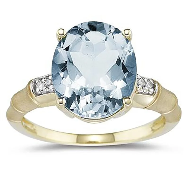 Gemstone rings featuring floral stones for romance -3.97 Carat Aquamarine and Diamond Ring in 14K Yellow Gold