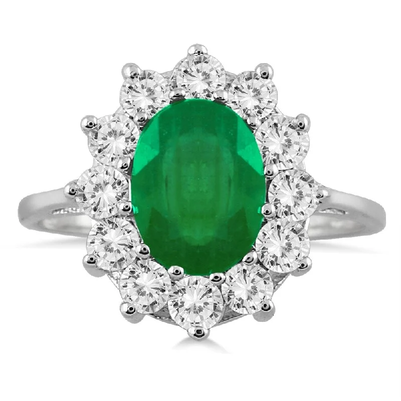 Gemstone rings great for birthdays with stones -3 Carat TW Diamond and Emerald Ring in 14K White Gold