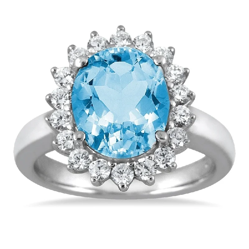 Gemstone rings inspired by cosmos with stone shine -4 Carat Blue Topaz and Diamond Ring in 14K White Gold