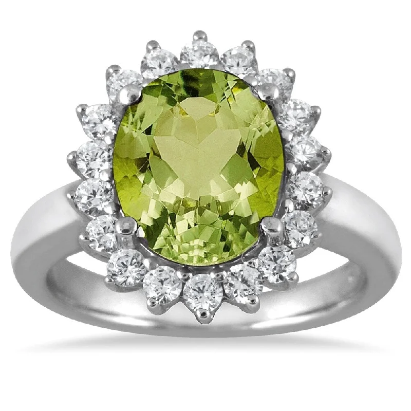 Gemstone rings featuring topaz for clear blue glow -4 Carat Peridot and Diamond Ring in 14K White Gold