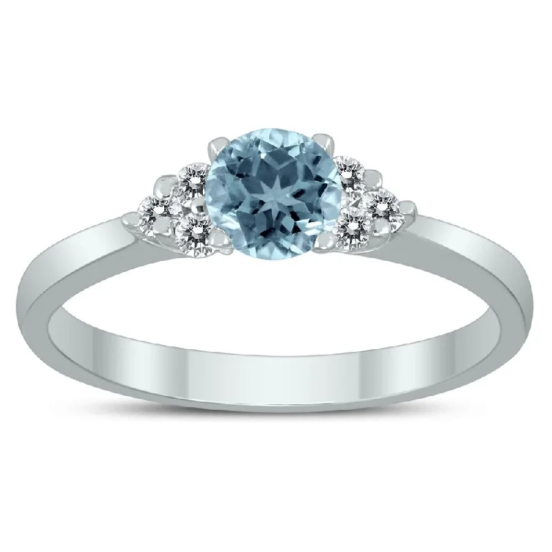 Geometric gemstone rings with sharp stone designs -4MM Aquamarine and Diamond Cynthia Ring in 10K White Gold