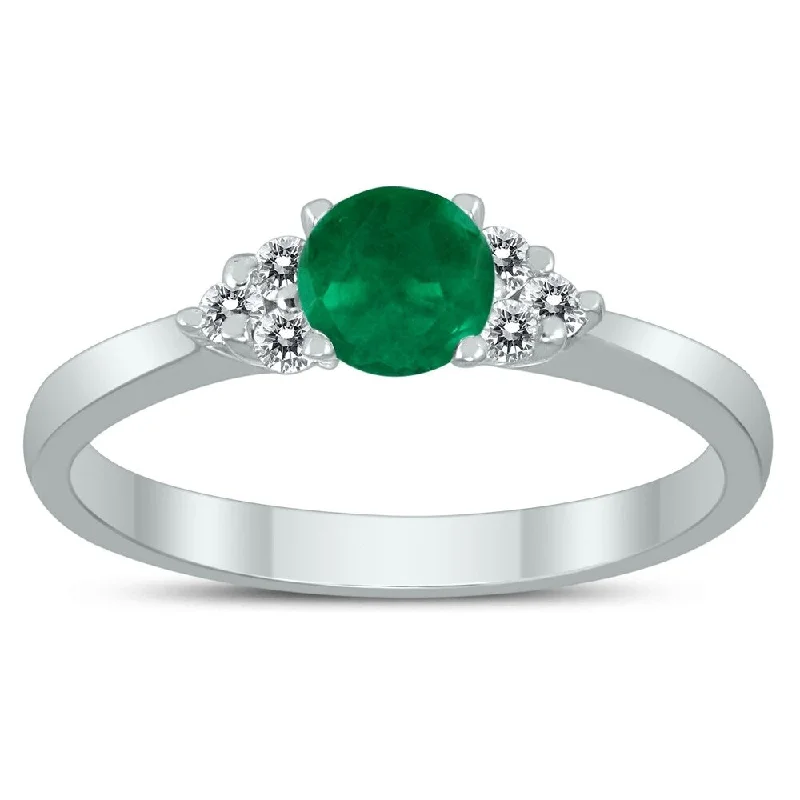 Matte gemstone rings with smooth stone finish -4MM Emerald and Diamond Cynthia Ring in 10K White Gold