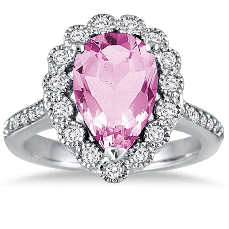 Gemstone rings perfect for love with sweet stones -5 Carat Pear Shape Pink Topaz and Diamond Ring in 14K White Gold