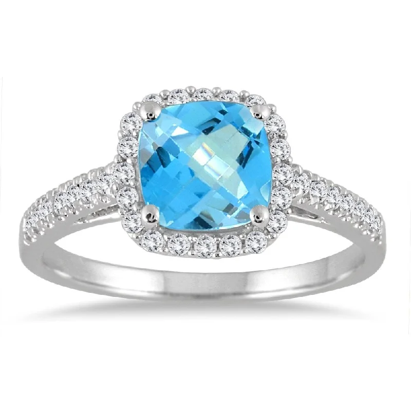 Subtle gemstone rings ideal for daily finger charm -5MM Cushion Cut Blue Topaz and Diamond Halo Ring in 10K White Gold