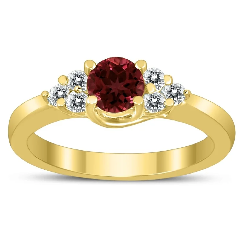 Etched gemstone rings with detailed stone flair -5MM Garnet and Diamond Cynthia Ring in 10K Yellow Gold