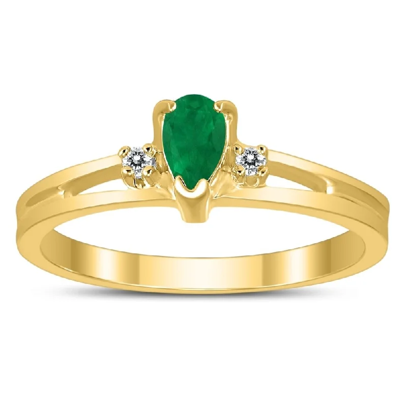 Gemstone rings perfect for casual finger wear -5X3MM Emerald and Diamond Pear Shaped Open Three Stone Ring in 10K Yellow Gold