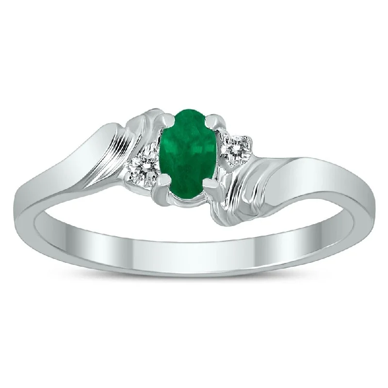 Gemstone rings crafted with ethical stone sourcing -5X3MM Emerald and Diamond Wave Ring in 10K White Gold