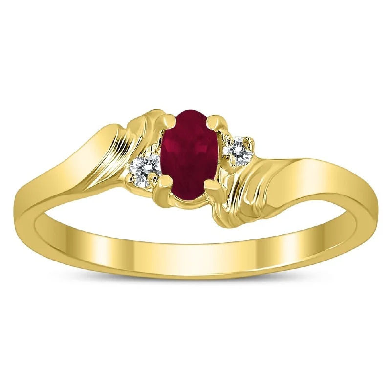 Drop gemstone rings with long stone elegance -5X3MM Ruby and Diamond Wave Ring in 10K Yellow Gold