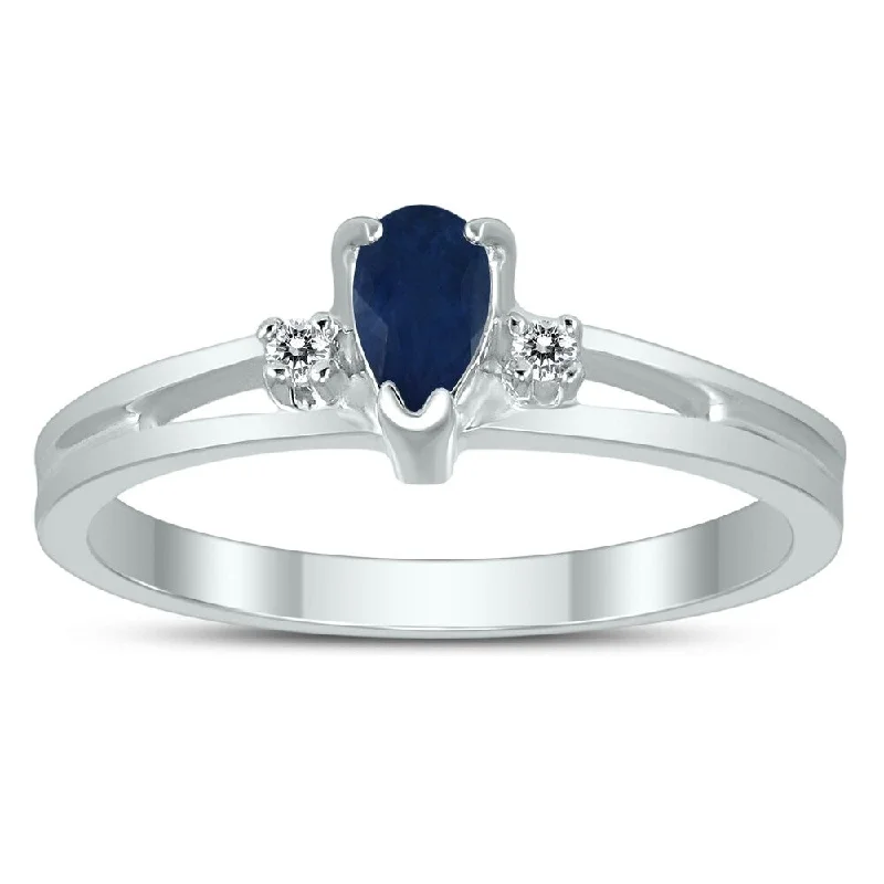 Sculpted gemstone rings with carved stone bands -5X3MM Sapphire and Diamond Pear Shaped Open Three Stone Ring in 10K White Gold