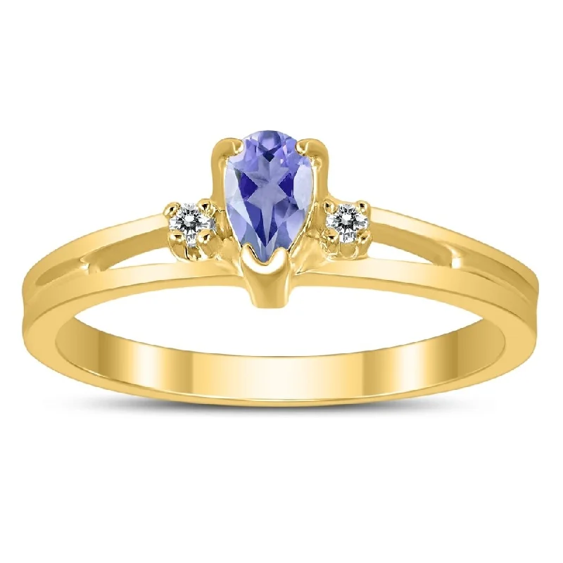 Gemstone rings featuring morganite for soft pink shine -5X3MM Tanzanite and Diamond Pear Shaped Open Three Stone Ring in 10K Yellow Gold