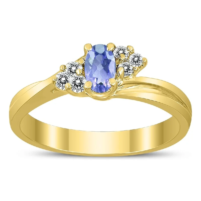 Bezel gemstone rings securing stones with style -5X3MM Tanzanite and Diamond Twist Ring in 10K Yellow Gold