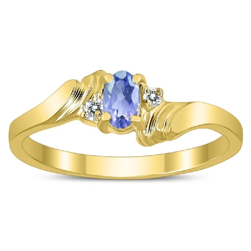 Dainty gemstone rings ideal for delicate finger style -5X3MM Tanzanite and Diamond Wave Ring in 10K Yellow Gold