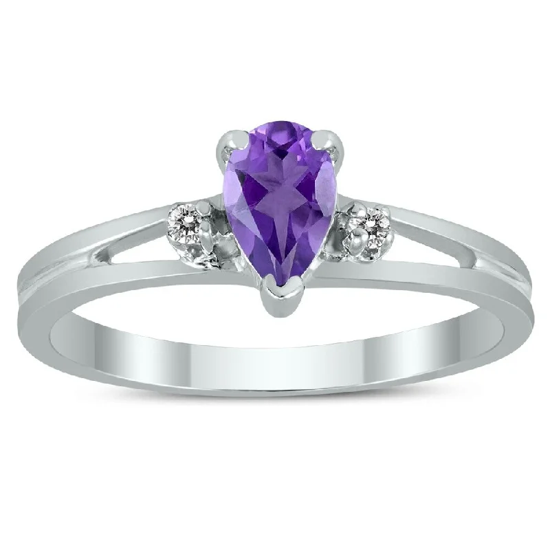 Light gemstone rings ideal for daily comfort -6X4MM Amethyst and Diamond Pear Shaped Open Three Stone Ring in 10K White Gold