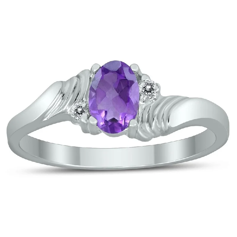 Custom gemstone rings with handpicked stone designs -6X4MM Amethyst and Diamond Wave Ring in 10K White Gold